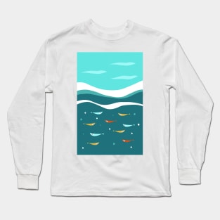 Under the Sea Mid Century Ocean, Waves and Fish Long Sleeve T-Shirt